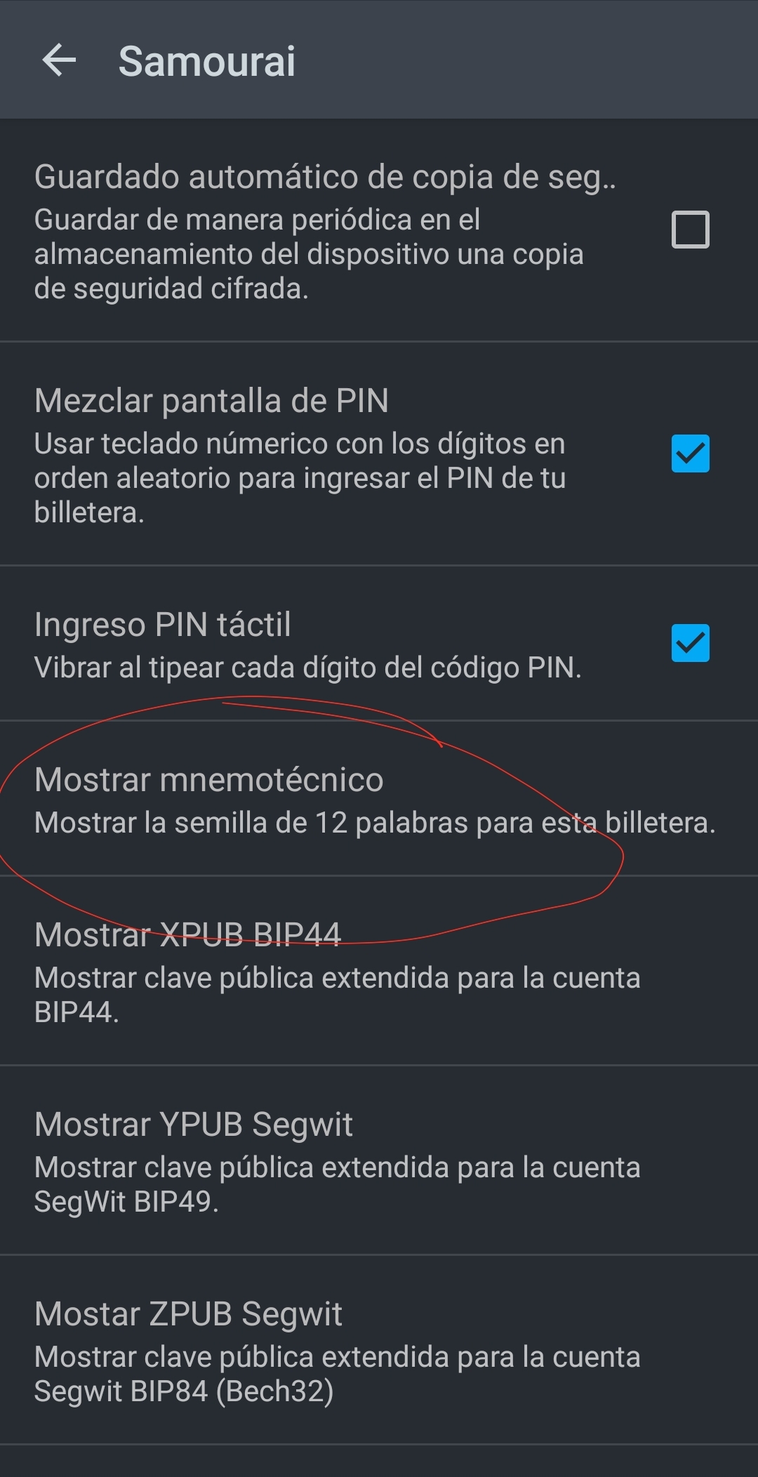 mostrar mnemotecnico samurai wallet
